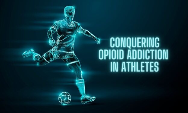 Glowing outline of a soccer player kicking a ball with words 'Conquering Opioid Addiction in Athletes'