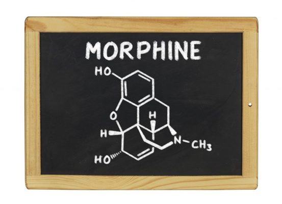 A graphic of a black chalkboard with the word 'Morphine" written in white along with its chemical structure. Concept of Morphine Rapid Detox