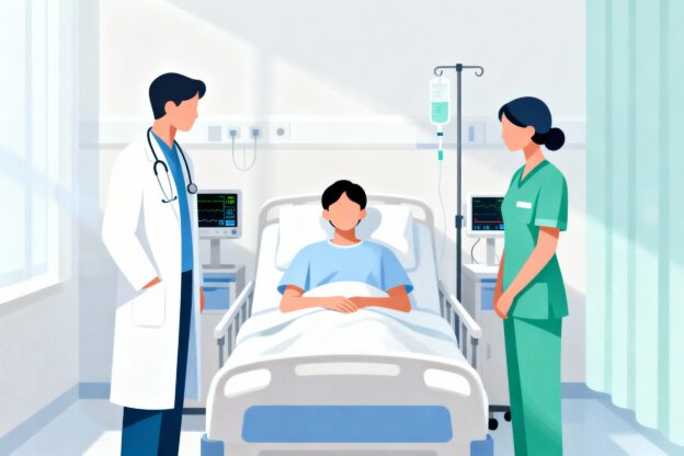 Doctor and nurse observing a patient in a hospital bed to illustrate how a 3 day rapid detox or 3 day opioid detox protocol was historically monitored in a medical setting for educational purposes only.