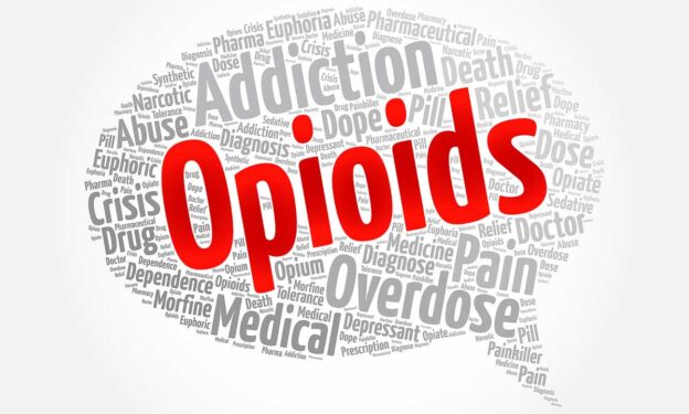 Common Questions about Opioids: Opioids message bubble word cloud collage