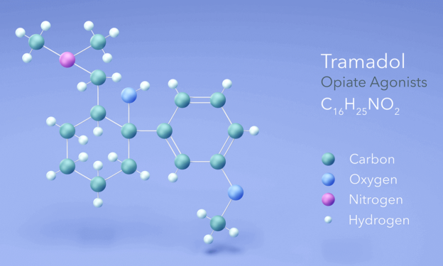 tramadol molecule, molecular structures, opiate agonists, 3d model, Structural Chemical Formula and Atoms with Color Coding. Tramadol Uncovered concept.