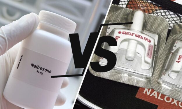 Naltrexone vs. Naloxone Concept: Photos of Naltrexone pill in white bottle and Naloxone nasal delivery method of Narcan