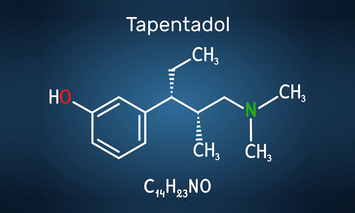 Tapentadol molecule. It is synthetic benzenoid, opioid analgesic for treatment of moderate to severe pain. Structural chemical formula on the dark blue background.: Nucynta (tapentadol) rapid detox concept