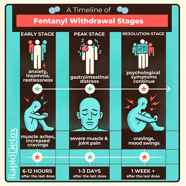 Fentanyl Withdrawal Timeline Infographic outlining states and symptoms of the drug's withdrawal 