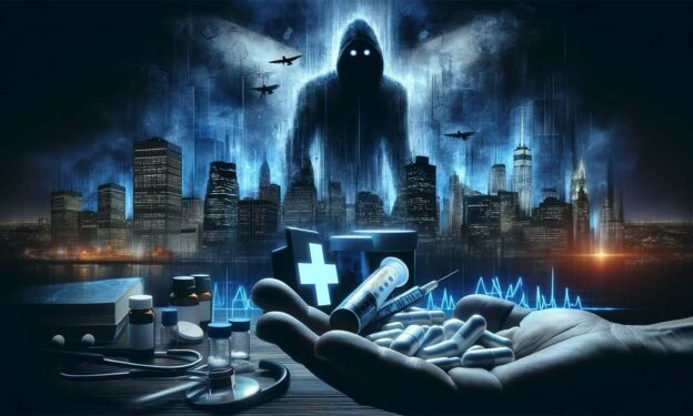 Artistic depiction of the emerging threat of Nitazenes in the opioid crisis, showing a shadowy figure looming over a dark cityscape symbolizing the danger and widespread impact of synthetic opioids.