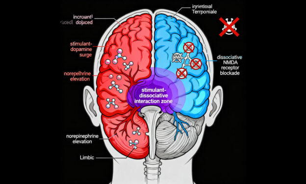 An anatomical illustration of a brain showing the interaction between stimulant and dissociative substances. The left (red) side highlights dopamine and norepinephrine surges, while the right (blue) side shows NMDA receptor blockades. The central purple zone marks the “stimulant-dissociative interaction zone,” depicting how cocaine and ketamine affect different brain regions.