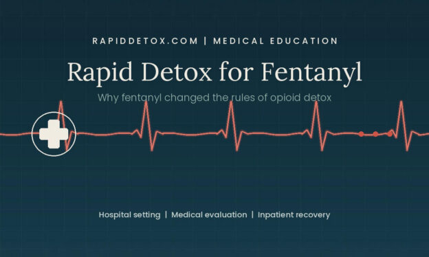 Title graphic for "Rapid Detox for Fentanyl" featuring a heartbeat monitor line, a medical cross icon, and the subtitle "Why fentanyl changed the rules of opioid detox."